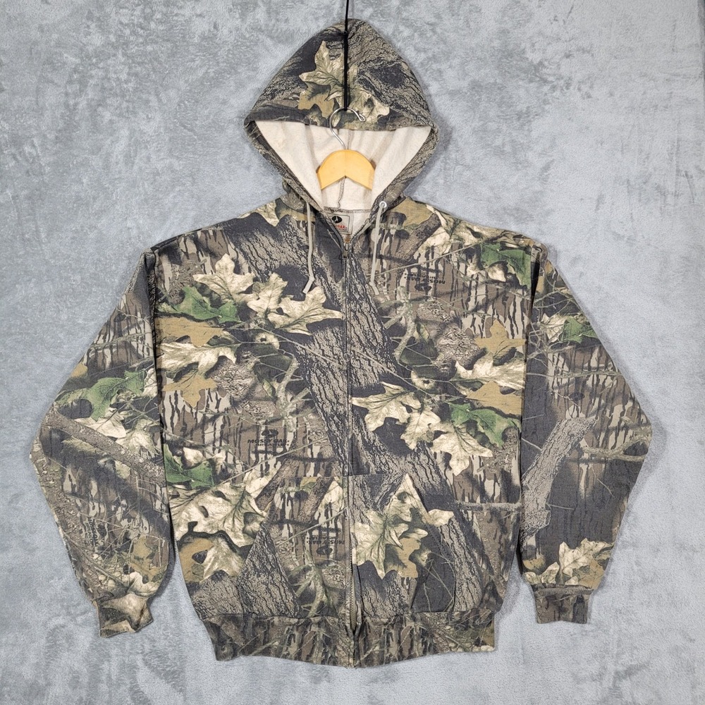 Vintage Mossy Oak Hoodie Mens XL Camo Break-Up Full Zip Fleece Lined Sweatshirt